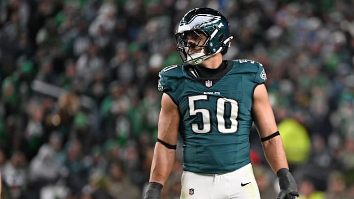 Nov 16, 2025; Philadelphia, Pennsylvania, USA; Philadelphia Eagles linebacker Jaelan Phillips (50) against the Detroit Lions at Lincoln Financial Field. Mandatory Credit: Eric Hartline-Imagn Images