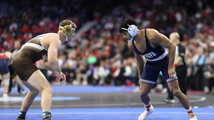 Penn State's Carter Starocci wrestles Caden Rogers of Lehigh during Day 1 of the NCAA Wrestling Championships at Wells Fargo Center. 