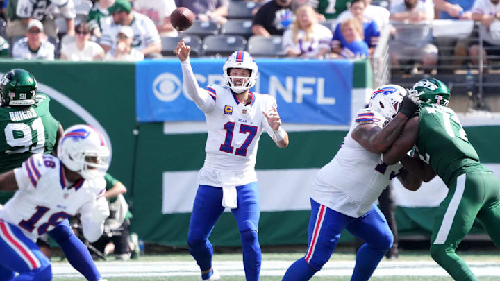Sep 14, 2025; East Rutherford, New Jersey, USA; Buffalo Bills quarterback Josh Allen (17) drops back to pass against the New York Jets 