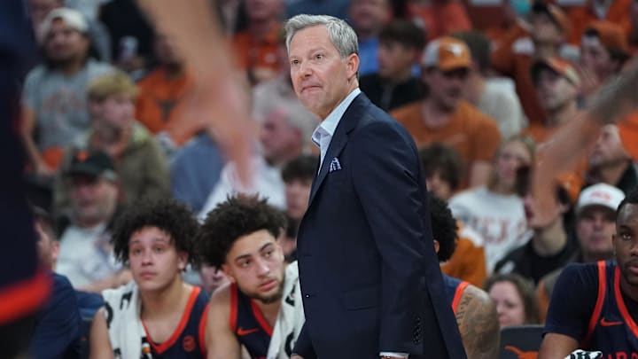 Dec 3, 2025; Austin, Texas, USA; Virginia Cavaliers head coach Ryan Odom watches gameplay during the first half against the Texas Longhorns at Moody Center. Mandatory Credit: Dustin Safranek-Imagn Images