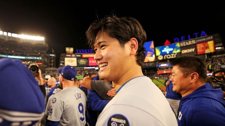 Los Angeles Dodgers two-way player Shohei Ohtani (17) celebrates after beating the New York Yankees in game four to win the 2024 MLB World Series at Yankee Stadium on Oct 30. Los Angeles Dodgers two-way player Shohei Ohtani (17) celebrates after beating the New York Yankees in game four to win the 2024 MLB World Series at Yankee Stadium on Oct 30.