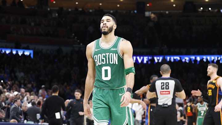 Jan 5, 2025; Oklahoma City, Oklahoma, USA; Boston Celtics forward Jayson Tatum (0) walks off the court after his team lost to the Oklahoma City Thunder at Paycom Center. Mandatory Credit: Alonzo Adams-Imagn Images Jan 5, 2025; Oklahoma City, Oklahoma, USA; Boston Celtics forward Jayson Tatum (0) walks off the court after his team lost to the Oklahoma City Thunder at Paycom Center. Mandatory Credit: Alonzo Adams-Imagn Images