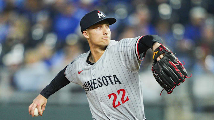 Apr 9, 2025; Kansas City, Missouri, USA; Minnesota Twins relief pitcher Griffin Jax (22) pitches against the Kansas City Royals at Kauffman Stadium. Mandatory Credit: Jay Biggerstaff-Imagn Images