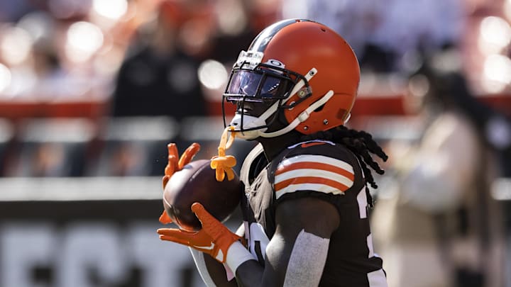 Oct 16, 2022; Cleveland, Ohio, USA; Cleveland Browns running back D'Ernest Johnson (30) catches the ball during warm up before the game against the New England Patriots at FirstEnergy Stadium. Mandatory Credit: Scott Galvin-Imagn Images