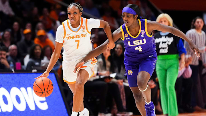 Tennessee guard Samara Spencer (7) is defended by LSU guard Flau'Jae Johnson (4) during a women's college basketball game between the Lady Vols and LSU at Thompson-Boling Arena at Food City Center on Thursday, Jan. 9, 2025.