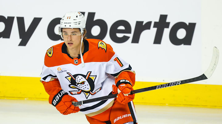 Apr 3, 2025; Calgary, Alberta, CAN; Anaheim Ducks center Trevor Zegras (11) skates during the warmup period against the Calgary Flames at Scotiabank Saddledome. Mandatory Credit: Sergei Belski-Imagn Images