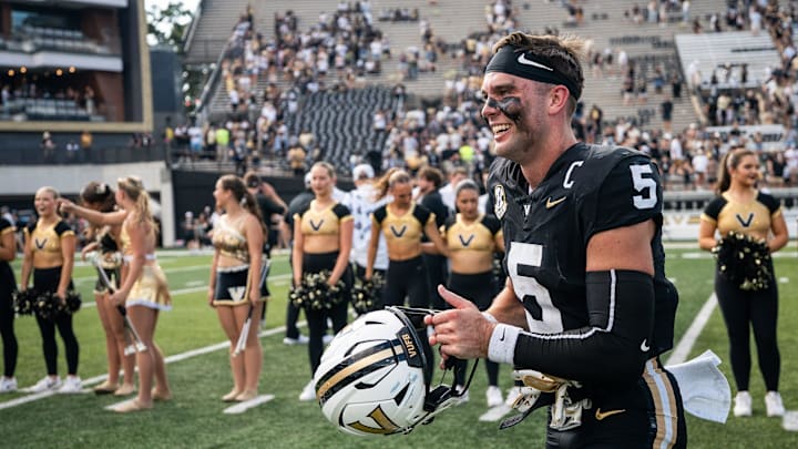 Vanderbilt wide receiver Richie Hoskins (5) celebrates after defeating Utah State at FirstBank Stadium in Nashville, Tenn., Saturday, Sept. 27, 2025.