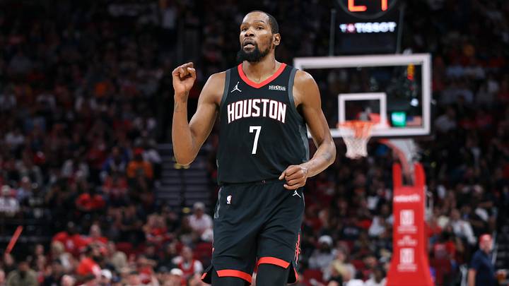 Dec 27, 2025; Houston, Texas, USA; Houston Rockets forward Kevin Durant (7) reacts after a play during the third quarter against the Cleveland Cavaliers at Toyota Center. Mandatory Credit: Troy Taormina-Imagn Images Dec 27, 2025; Houston, Texas, USA; Houston Rockets forward Kevin Durant (7) reacts after a play during the third quarter against the Cleveland Cavaliers at Toyota Center. Mandatory Credit: Troy Taormina-Imagn Images
