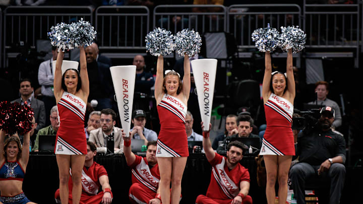 Mar 13, 2026; Kansas City, MO, USA; Arizona Wildcats cheerleaders perform during the first half against the Iowa State Cyclones at T-Mobile Center. Mandatory Credit: William Purnell-Imagn Images Mar 13, 2026; Kansas City, MO, USA; Arizona Wildcats cheerleaders perform during the first half against the Iowa State Cyclones at T-Mobile Center. Mandatory Credit: William Purnell-Imagn Images