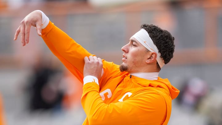 Tennessee quarterback Joey Aguilar (6) during warm-ups at a NCAA football game between Tennessee and Vanderbilt at Neyland Stadium in Knoxville, Tenn., on Nov. 29, 2025. Tennessee quarterback Joey Aguilar (6) during warm-ups at a NCAA football game between Tennessee and Vanderbilt at Neyland Stadium in Knoxville, Tenn., on Nov. 29, 2025.