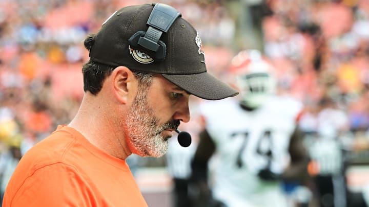 Aug 10, 2024; Cleveland, Ohio, USA; Cleveland Browns head coach Kevin Stefanski during the second half against the Green Bay Packers at Cleveland Browns Stadium. Mandatory Credit: Ken Blaze-Imagn Images