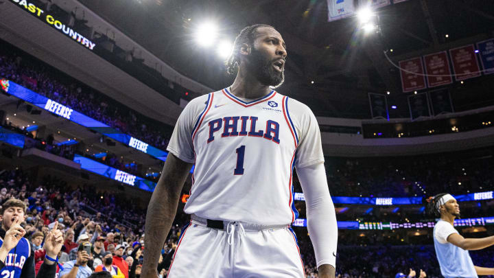 Jan 31, 2022; Philadelphia, Pennsylvania, USA; Philadelphia 76ers center Andre Drummond (1) reacts after a defensive stop against the Memphis Grizzlies during the fourth quarter at Wells Fargo Center. Mandatory Credit: Bill Streicher-USA TODAY Sports