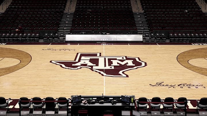 Nov 6, 2025; College Station, Texas, USA; A detailed view of Texas A&M Aggies logo on the floor at Reed Arena prior to the game against the Texas Southern Tigers. Mandatory Credit: Maria Lysaker-Imagn Images 