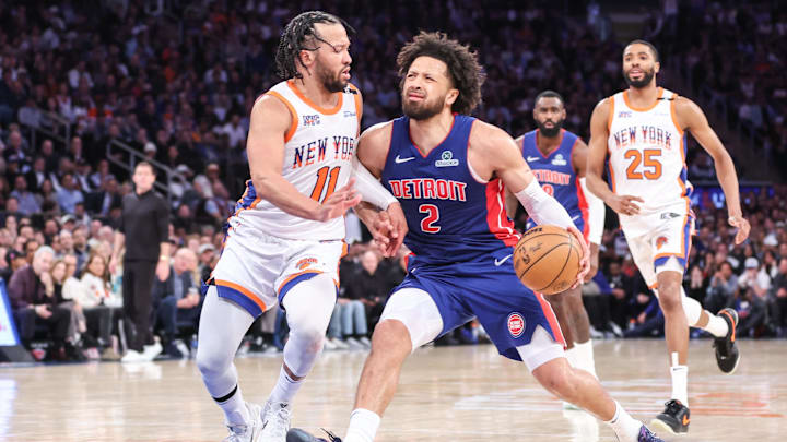 Apr 29, 2025; New York, New York, USA; Detroit Pistons guard Cade Cunningham (2) drives against New York Knicks guard Jalen Brunson (11) in the fourth quarter during game five of first round for the 2025 NBA Playoffs at Madison Square Garden. Mandatory Credit: Wendell Cruz-Imagn Images