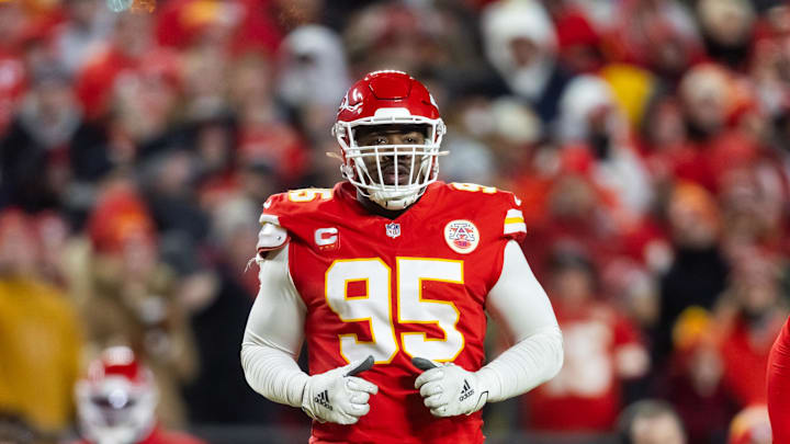 Jan 26, 2025; Kansas City, MO, USA; Kansas City Chiefs defensive tackle Chris Jones (95) against the Buffalo Bills during the AFC Championship game at GEHA Field at Arrowhead Stadium. Mandatory Credit: Mark J. Rebilas-Imagn Images Jan 26, 2025; Kansas City, MO, USA; Kansas City Chiefs defensive tackle Chris Jones (95) against the Buffalo Bills during the AFC Championship game at GEHA Field at Arrowhead Stadium. Mandatory Credit: Mark J. Rebilas-Imagn Images