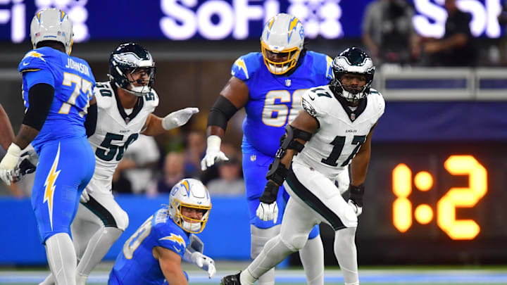 Dec 8, 2025; Inglewood, California, USA; Philadelphia Eagles linebacker Nakobe Dean (17) celebrates after sacking Los Angeles Chargers quarterback Justin Herbert (10) in the first half at SoFi Stadium. 