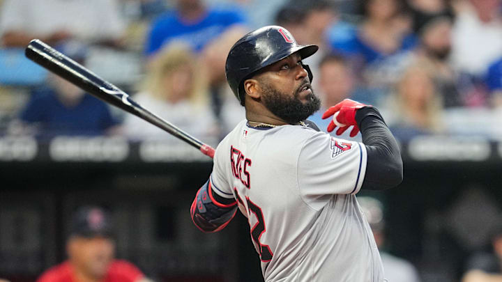 Cleveland Guardians designated hitter Franmil Reyes (32) hits a home run against the Kansas City Royals during the seventh inning at Kauffman Stadium in 2022. 