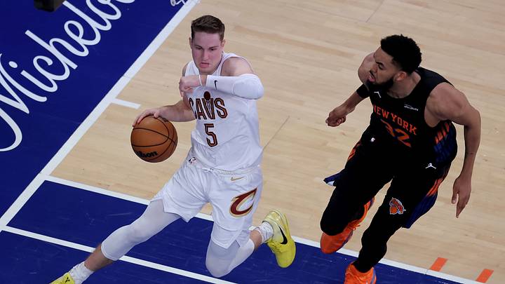 May 21, 2026; New York, New York, USA; Cleveland Cavaliers guard Sam Merrill (5) controls the ball against New York Knicks center Karl-Anthony Towns (32) during the second quarter of game two of the eastern conference finals during the 2026 NBA playoffs at Madison Square Garden. Mandatory Credit: Brad Penner-Imagn Images May 21, 2026; New York, New York, USA; Cleveland Cavaliers guard Sam Merrill (5) controls the ball against New York Knicks center Karl-Anthony Towns (32) during the second quarter of game two of the eastern conference finals during the 2026 NBA playoffs at Madison Square Garden. Mandatory Credit: Brad Penner-Imagn Images