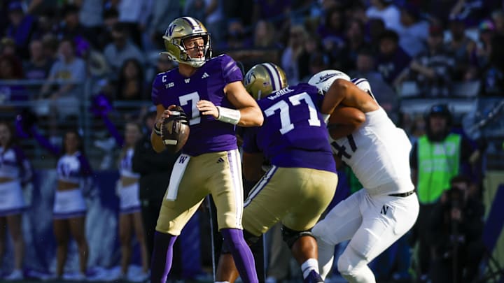 Sep 21, 2024; Seattle, Washington, USA; Washington Huskies quarterback Will Rogers (7) passes against the Northwestern Wildcats during the first quarter at Alaska Airlines Field at Husky Stadium. Mandatory Credit: Joe Nicholson-Imagn Images