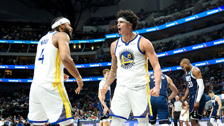 Mar 23, 2026; Dallas, Texas, USA;  Golden State Warriors forward Gui Santos (15) celebrates with Golden State Warriors guard Moses Moody (4) during the second half against the Dallas Mavericks at American Airlines Center. Mandatory Credit: Kevin Jairaj-Imagn Images