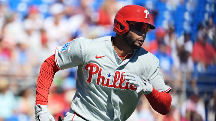 Feb 21, 2026; Dunedin, Florida, USA; Philadelphia Phillies outfielder Justin Crawford (80) doubles during the first inning against the Toronto Blue Jays at TD Ballpark. Mandatory Credit: Kim Klement Neitzel-Imagn Images Feb 21, 2026; Dunedin, Florida, USA; Philadelphia Phillies outfielder Justin Crawford (80) doubles during the first inning against the Toronto Blue Jays at TD Ballpark. Mandatory Credit: Kim Klement Neitzel-Imagn Images