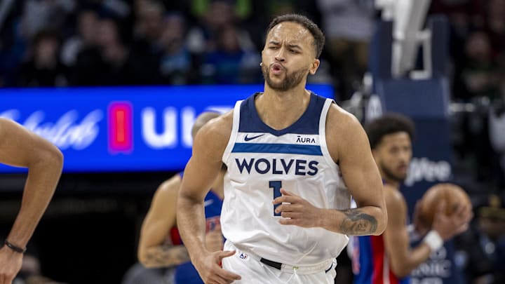 Mar 27, 2024; Minneapolis, Minnesota, USA; Minnesota Timberwolves forward Kyle Anderson (1) reacts