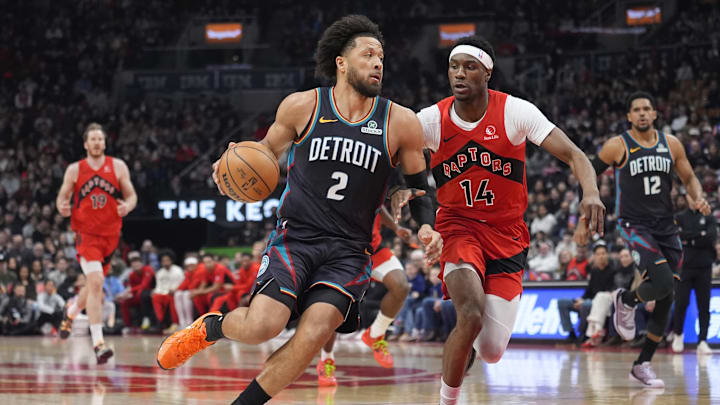 Mar 15, 2026; Toronto, Ontario, CAN; Detroit Pistons guard Cade Cunningham (2) drives to the net against Toronto Raptors guard Ja'Kobe Walter (14) during the first half at Scotiabank Arena. Mandatory Credit: John E. Sokolowski-Imagn Images Mar 15, 2026; Toronto, Ontario, CAN; Detroit Pistons guard Cade Cunningham (2) drives to the net against Toronto Raptors guard Ja'Kobe Walter (14) during the first half at Scotiabank Arena. Mandatory Credit: John E. Sokolowski-Imagn Images