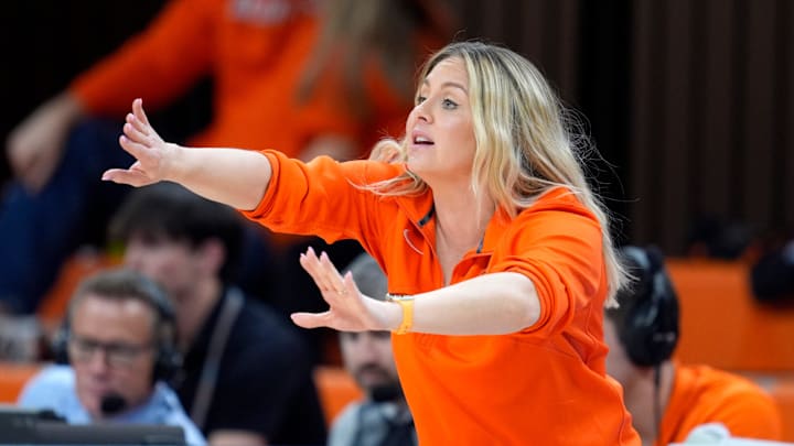 Oklahoma State coach Jacie Hoyt gestures during a women's college basketball game between the Oklahoma State Cowgirls (OSU) and the Arizona State Sun Devils at Gallagher-Iba Arena in Stillwater, Okla., Wednesday, Jan. 29, 2025.