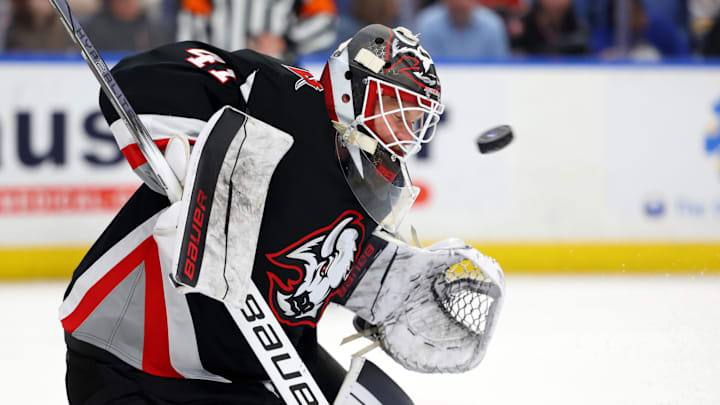 Apr 17, 2025; Buffalo, New York, USA;  Buffalo Sabres goaltender James Reimer (47) looks to make a save during the third period against the Philadelphia Flyers at KeyBank Center. Mandatory Credit: Timothy T. Ludwig-Imagn Images