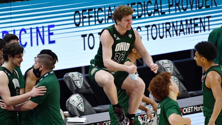Then-Ohio Bobcats forward Colin Granger (32) celebrates after the Bobcats beat the Buffalo Bulls to win the MAC championship.
