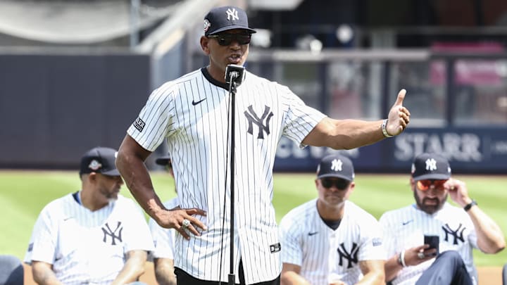 Aug 24, 2024; Bronx, New York, USA;  Former New York Yankees third baseman Alex Rodriguez speaks during the  Old Timers’ Day Ceremony at Yankee Stadium. Mandatory Credit: Wendell Cruz-Imagn Images