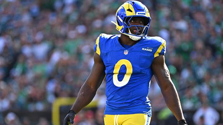 Sep 21, 2025; Philadelphia, Pennsylvania, USA; Los Angeles Rams linebacker Byron Young (0) against the Philadelphia Eagles at Lincoln Financial Field. Mandatory Credit: Eric Hartline-Imagn Images
