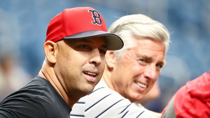 Jul 22, 2019; St. Petersburg, FL, USA; Boston Red Sox manager Alex Cora (20) and president of baseball operations Dave Dombrowski prior to the game against the Tampa Bay Rays at Tropicana Field. Mandatory Credit: Kim Klement-USA TODAY Sports Jul 22, 2019; St. Petersburg, FL, USA; Boston Red Sox manager Alex Cora (20) and president of baseball operations Dave Dombrowski prior to the game against the Tampa Bay Rays at Tropicana Field. Mandatory Credit: Kim Klement-USA TODAY Sports