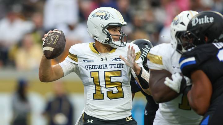 Oct 10, 2026; Atlanta, Georgia, USA; Georgia Tech Yellow Jackets quarterback Alberto Mendoza (15) throws a pass against the Duke Blue Devils in the second quarter at Bobby Dodd Stadium at Hyundai Field. Mandatory Credit: Brett Davis-Imagn Images