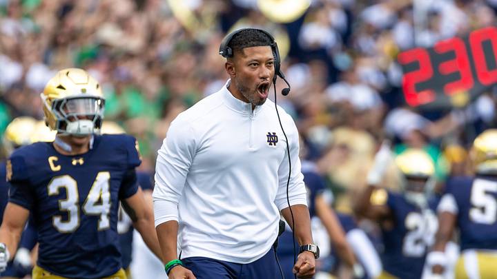 Sep 20, 2025; South Bend, Indiana, USA; Notre Dame Fighting Irish head coach Marcus Freeman celebrates against the Purdue Boilermakers during the first half at Notre Dame Stadium. Sep 20, 2025; South Bend, Indiana, USA; Notre Dame Fighting Irish head coach Marcus Freeman celebrates against the Purdue Boilermakers during the first half at Notre Dame Stadium.