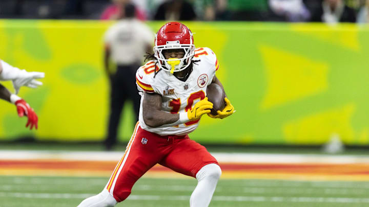Feb 9, 2025; New Orleans, LA, USA;  Kansas City Chiefs running back Isiah Pacheco (10) against the Philadelphia Eagles in Super Bowl LIX at Ceasars Superdome. Mandatory Credit: Mark J. Rebilas-Imagn Images