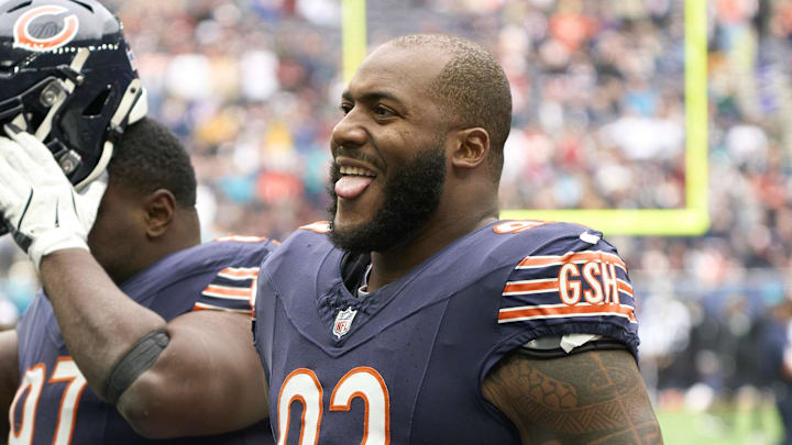 Oct 13, 2024; London, United Kingdom; Chicago Bears defensive tackle Byron Cowart (93) during an NFL International Series game at Tottenham Hotspur Stadium. Mandatory Credit: Peter van den Berg-Imagn Images