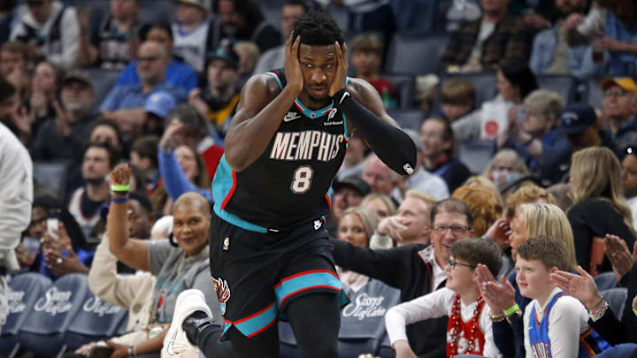 Jan 9, 2026; Memphis, Tennessee, USA; Memphis Grizzlies forward/center Jaren Jackson Jr. (8) reacts after a basket during the first quarter against the Oklahoma City Thunder at FedExForum. Mandatory Credit: Petre Thomas-Imagn Images