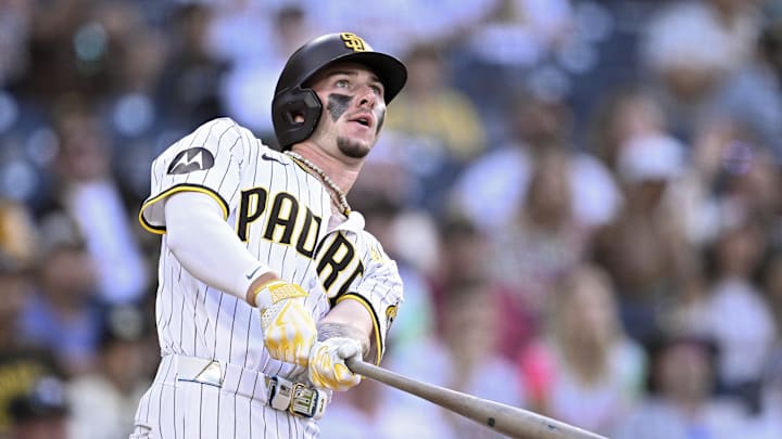 Aug 21, 2024; San Diego, California, USA; San Diego Padres center fielder Jackson Merrill (3) hits a two-run home run against the Minnesota Twins during the eighth inning at Petco Park. Mandatory Credit: Orlando Ramirez-USA TODAY Sports
