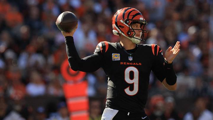 Oct 4, 2026; Cincinnati, Ohio, USA;  Cincinnati Bengals quarterback Joe Burrow (9) throws the ball during the second half against the Jacksonville Jaguars at Paycor Stadium.  Mandatory Credit: Katie Stratman-Imagn Images