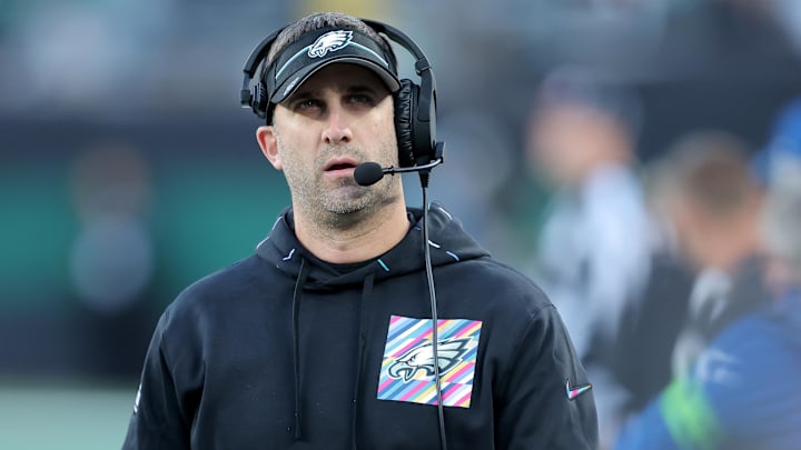Oct 15, 2023; East Rutherford, New Jersey, USA; Philadelphia Eagles head coach Nick Sirianni coaches