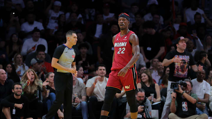 Nov 26, 2024; Miami, Florida, USA; Miami Heat forward Jimmy Butler (22) reacts after scoring against the Milwaukee Bucks during the third quarter at Kaseya Center. Mandatory Credit: Sam Navarro-Imagn Images