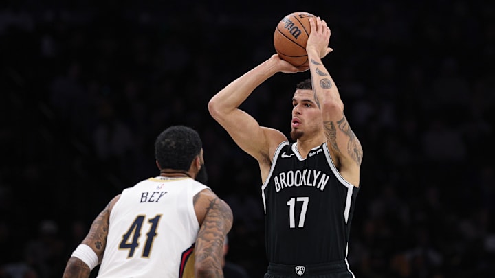 Dec 6, 2025; Brooklyn, New York, USA; Brooklyn Nets forward Michael Porter Jr. (17) looks to pass as New Orleans Pelicans guard Saddiq Bey (41) defends during the second half at Barclays Center. Mandatory Credit: Vincent Carchietta-Imagn Images Dec 6, 2025; Brooklyn, New York, USA; Brooklyn Nets forward Michael Porter Jr. (17) looks to pass as New Orleans Pelicans guard Saddiq Bey (41) defends during the second half at Barclays Center. Mandatory Credit: Vincent Carchietta-Imagn Images