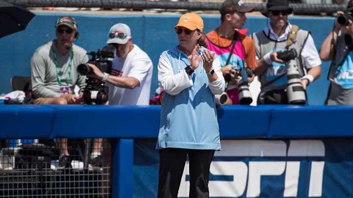 Jun 2, 2025; Oklahoma City, OK, USA;  Tennessee Lady Volunteers head coach Karen Weekly looks on in the second inning against the Texas Longhorns during the NCAA Softball Women's College World Series semifinal game at Devon Park. Mandatory Credit: Brett Rojo-Imagn Images