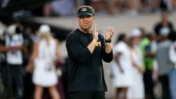 Sep 26, 2026; Starkville, Mississippi, USA;  Missouri Tigers head coach Eli Drinkwitz looks on during warm ups prior to the game against the Mississippi State Bulldogs at Davis Wade Stadium at Scott Field.  Mandatory Credit: Petre Thomas-Imagn Images