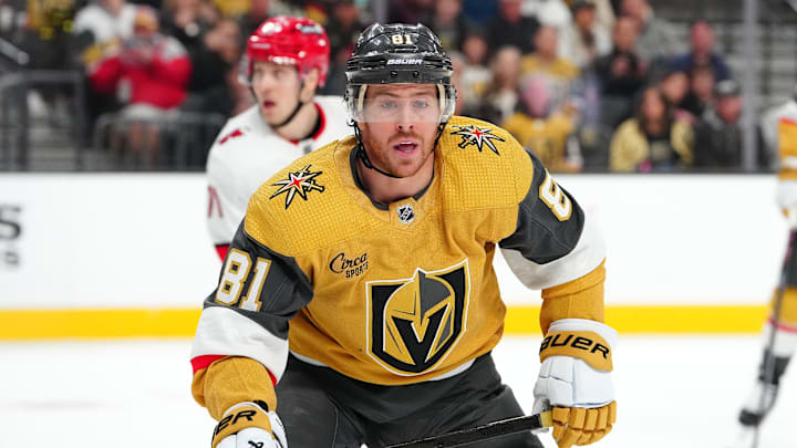 Feb 17, 2024; Las Vegas, Nevada, USA; Vegas Golden Knights right wing Jonathan Marchessault (81) skates against the Carolina Hurricanes during the first period at T-Mobile Arena. Mandatory Credit: Stephen R. Sylvanie-USA TODAY Sports