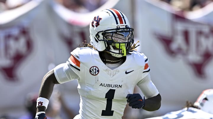 Sep 27, 2025; College Station, Texas, USA; Auburn Tigers safety Champ Anthony (1) runs a route during the first half against the Texas A&M Aggies at Kyle Field. Mandatory Credit: Maria Lysaker-Imagn Images 