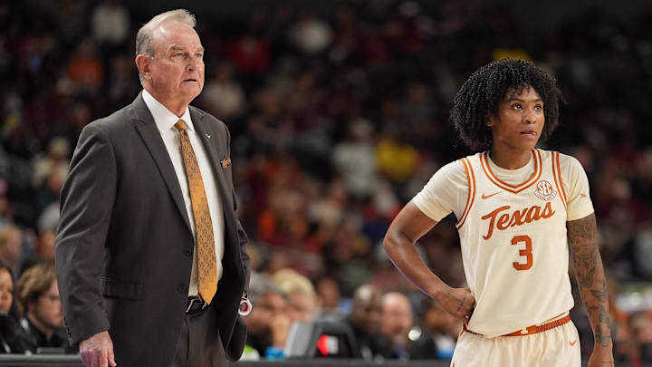 Mar 7, 2026; Greenville, SC, USA; Texas Longhorns head coach Vic Schaefer and guard Rori Harmon (3) during the first half against the Mississippi Rebels at Bon Secours Wellness Arena. Mandatory Credit: Jim Dedmon-Imagn Images