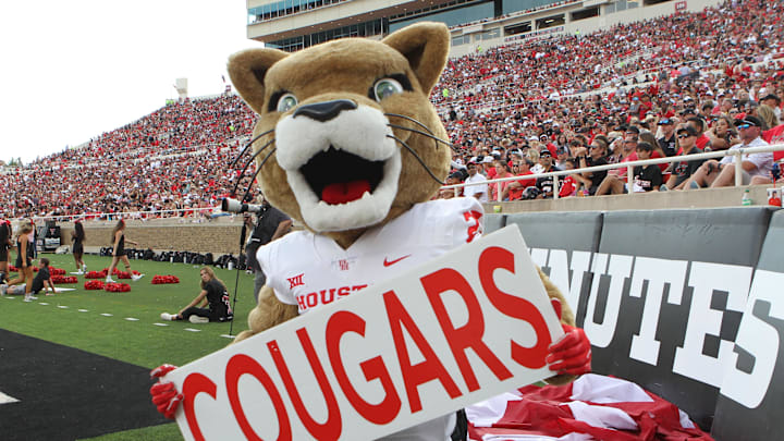 Sep 30, 2023; Lubbock, Texas, USA;  The Houston Cougars mascot on the sidelines in the second half during the game against the Texas Tech Red Raiders at Jones AT&T Stadium and Cody Campbell Field. Mandatory Credit: Michael C. Johnson-Imagn Images