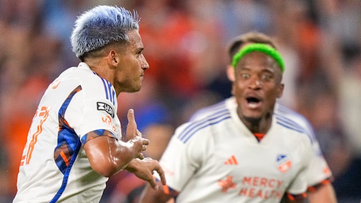 FC Cincinnati midfielder Yamil Asad (21) celebrates after scoring a goal in the second half of the Leagues Cup Group Stage match between FC Cincinnati and New York City at TQL Stadium in Cincinnati on Monday, Aug. 5, 2024. FC Cincinnati mounted a second half comeback to win 4-2.
